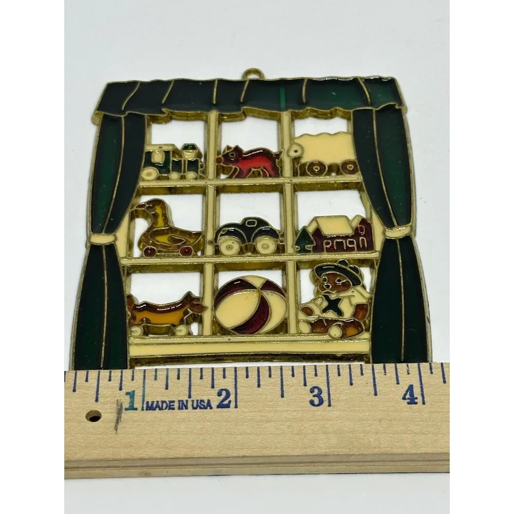 VTG‎ Enamel Metal Christmas Ornament Window Toys Design Theme Square Suncatcher